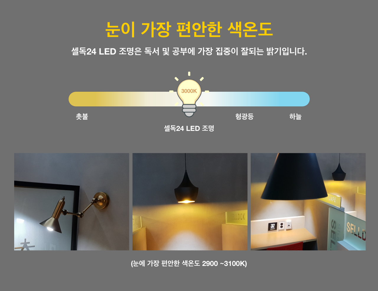 눈이 가장 편안한 색온도 2900~3100K - 셀독24LED조명은 독서 및 공부에 가장 집중이 잘되는 밝기입니다.